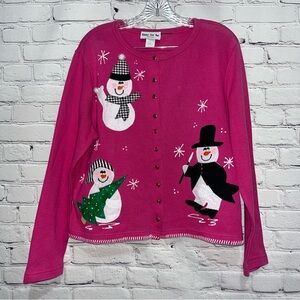 Vintage Christmas Ugly Sweater Pink Embroidered Snowman Cardigan Size Large
